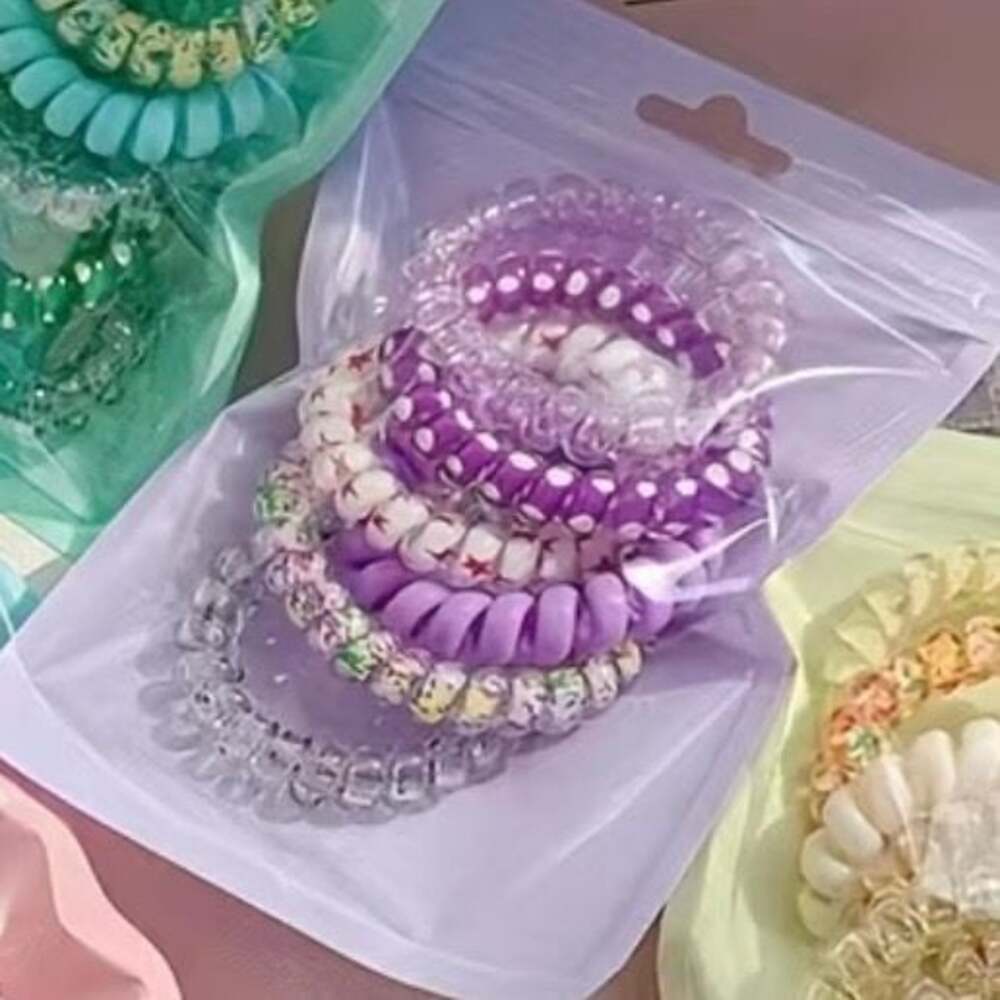Spiral Hair Ties 6 Pcs Purple Flower and Star Printed Coil Wire Hair Elastics